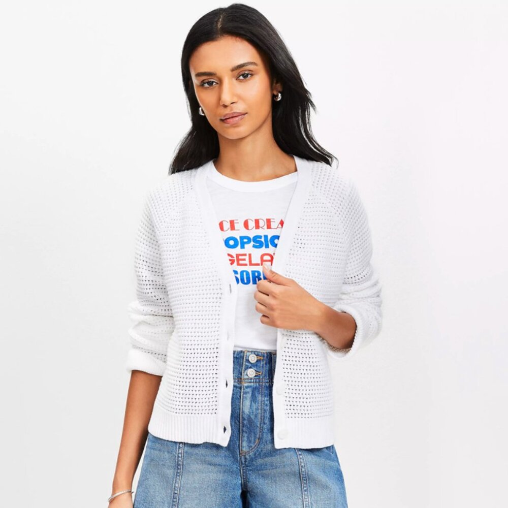 LOFT | Summer 2025 Stitchy V-Neck Cardigan Open Knit in White | Size XS